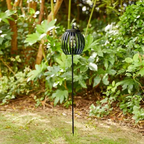Glitzhome&reg; 32.25" Black Metal Stripes Solar Powered Outdoor Lantern {3}