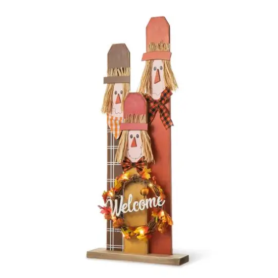 Glitzhome&reg; 36.25" Wooden Scarecrow Family Porch D&eacute;cor with Lighted Wreath & Timer {10}