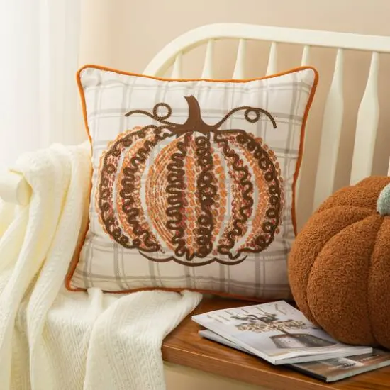 Glitzhome&reg; 18" Fall Embroidered Pumpkin Pillow Cover {3}