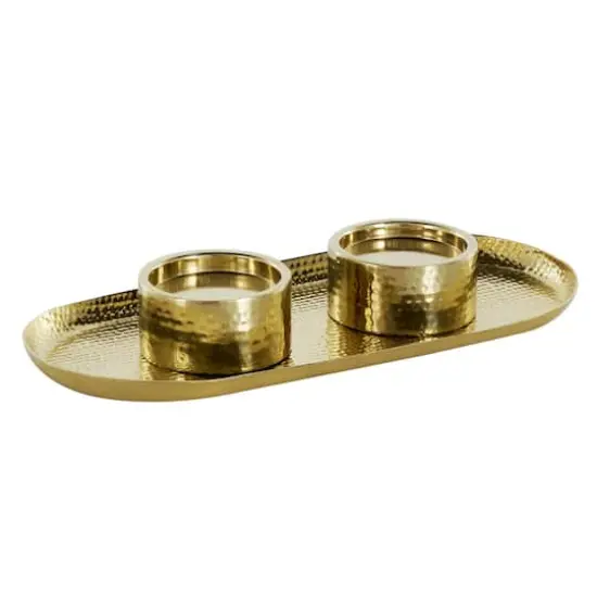 16" Gold Stainless Steel Metal Hammered Candle Holder with Oval Tray Plate {3}