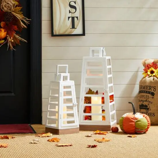 Glitzhome® White Modern Trapezoid Metal & Wood Lanterns Set {8}