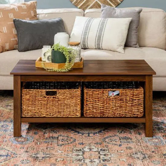 Walker Edison 40" Dark Walnut Mission Storage Coffee Table with Baskets {5}