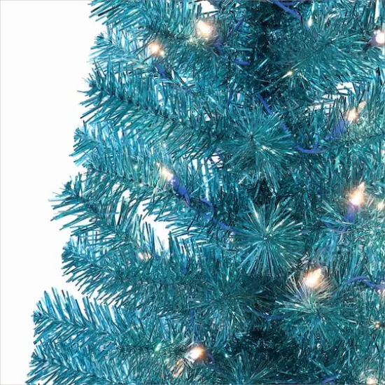 4.5ft. Pre-Lit Teal Tinsel Artificial Tree, Clear Lights {5}