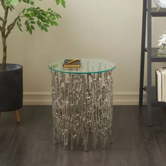 21" Silver Aluminum Accent Table with Glass Tabletop {9}
