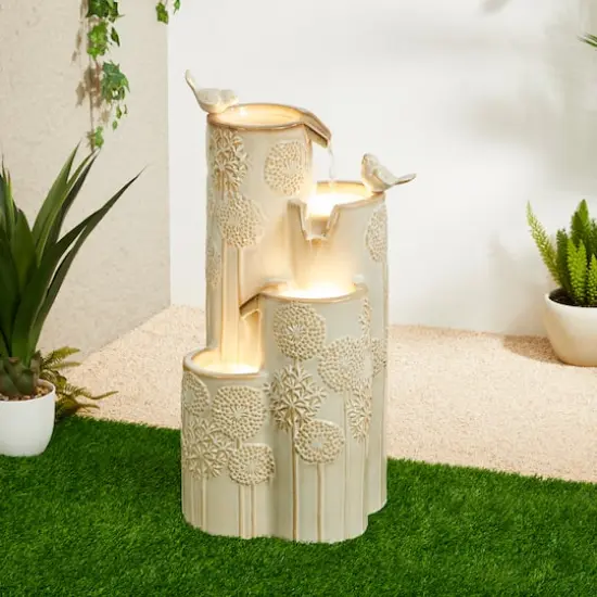 Glitzhome&reg; 31.75" Beige 4-Tier Dandelion Texture Vase-Shaped Ceramic Outdoor Fountain with LED Light {3}