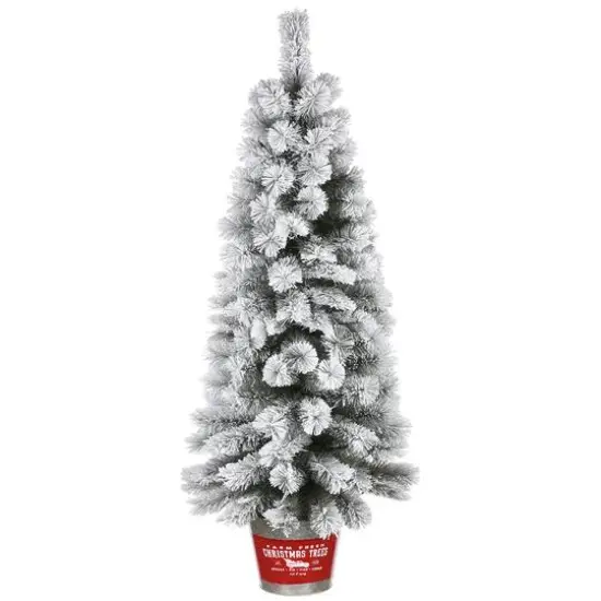5ft. Pre-Lit Snowy Pogue Pine Entrance Artificial Christmas Tree in Red Base, Warm White LED Lights {6}