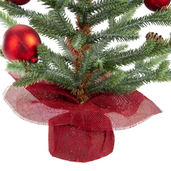 18" Unlit Pine & Red Ornaments Artificial Christmas Tree in Red Burlap Base {3}