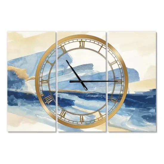 Designart Metallic Gold Indigo Modern 3 Panel Wall Clock {1}