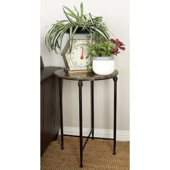 2ft. Black Iron & Brown Marble Traditional Accent Table {5}