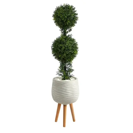 4ft. Boxwood Double Ball Topiary Artificial Tree in White Planter with Stand (Indoor/Outdoor) {1}