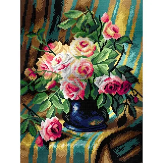 Orchidea Needlepoint Canvas For Halfstitch Without Yarn After Frans Mortelmans - Still Life With Pink Roses - Printed Tapestry Canvas {1}