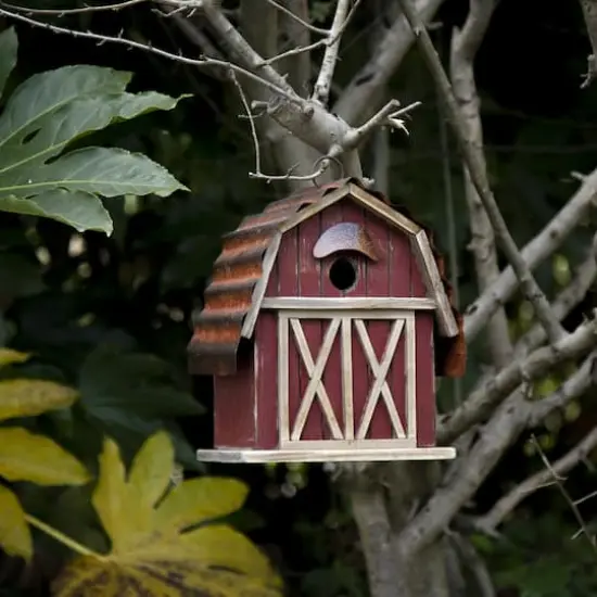Glitzhome&reg; 10" Hanging Wooden Red Barn Garden Birdhouse {4}
