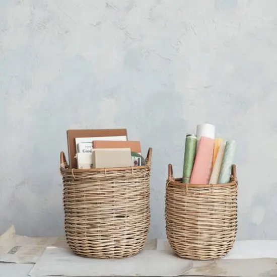 Hello Honey&reg; Natural Brown Hand Woven Rattan Basket Set with Handles {3}