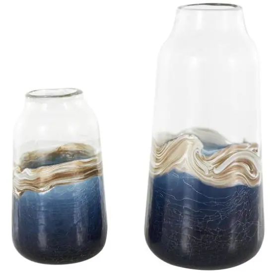 Dark Blue Glass Abstract Textured Swirl Decorative Vase Set with Gold & Cream Accents {1}