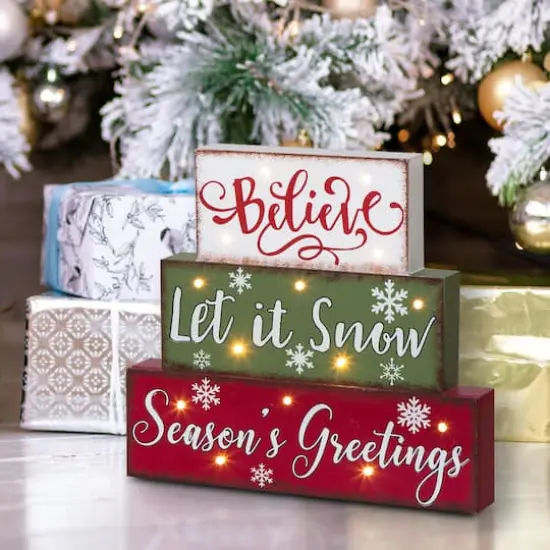 Glitzhome&reg; 12" LED Wooden Block Holiday Word Sign {3}