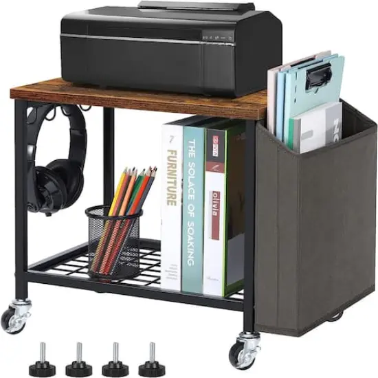 Rustic Brown 2-Tier Printer Cart with Wheels & Storage Bag {1}