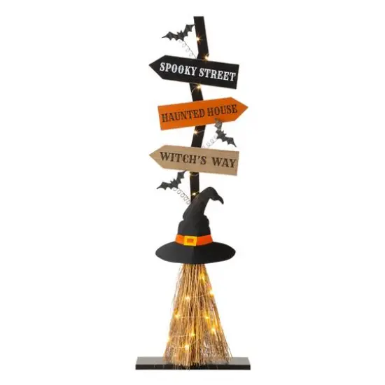 Glitzhome&reg; 42" Lighted Halloween Witch's Broom Porch D&eacute;cor with Timer {10}
