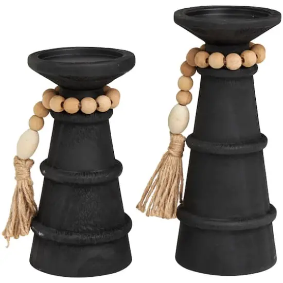 Black Wood Handmade Textured Matte Candle Holder with Beaded Garland Accent Set {4}