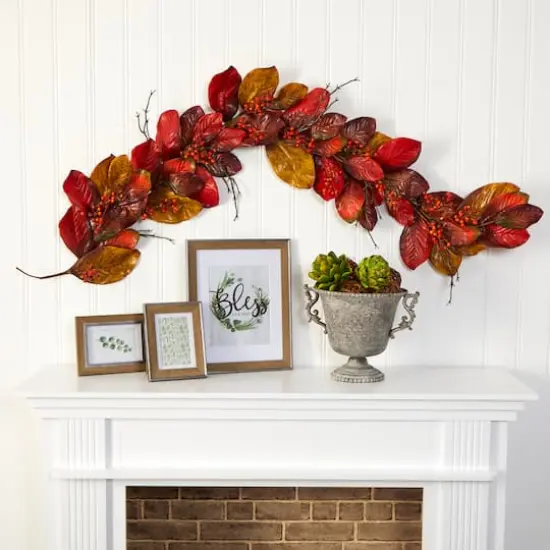 6ft. Autumn Magnolia Leaf with Berries Garland {4}