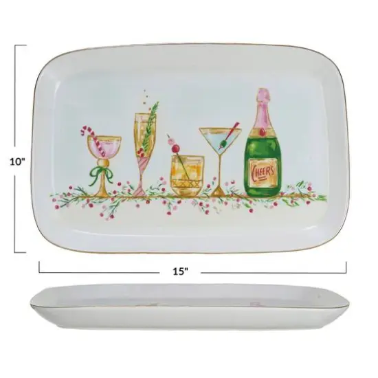 Hello Honey® 15" Stoneware Platter with Holiday Cocktails & Gold Electroplating {4}