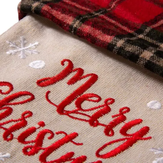 Glitzhome&reg; 21" Embroidered Red Truck Linen Christmas Stocking {4}