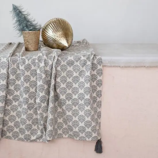 Hello Honey&reg; 84" Gray & Gold Cotton Printed Tablecloth with Leaf Pattern & Tassels {3}
