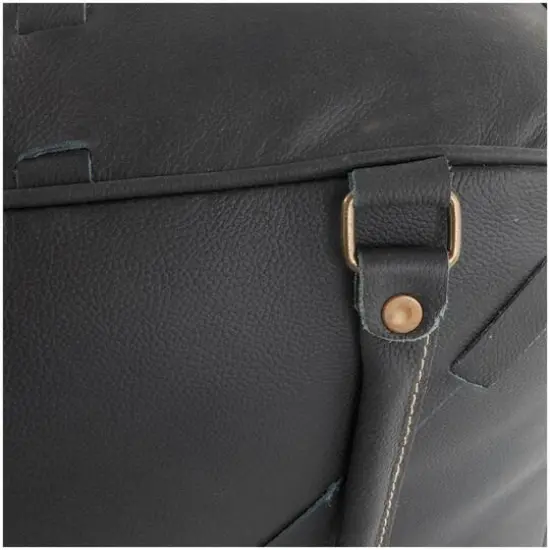 22" Leather Pouf with Woven Straps & Handles Black {5}