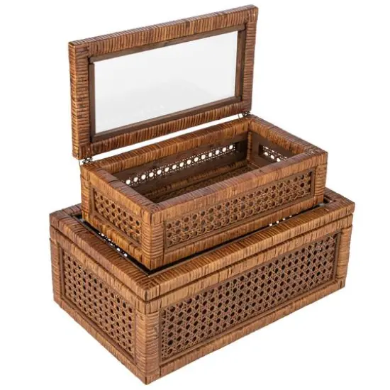 Hello Honey&reg; Dark Brown Modern Decorative Rectangle Woven Rattan & Wood Display Box Set with Glass Top {11}