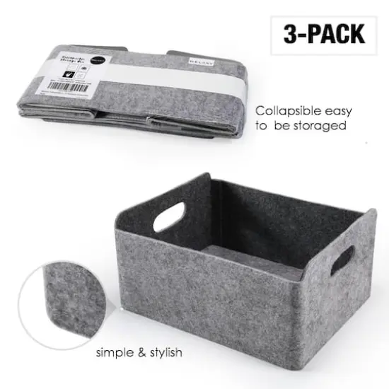 Welaxy Felt 3 Piece Collapsible Storage Bins Gray {5}