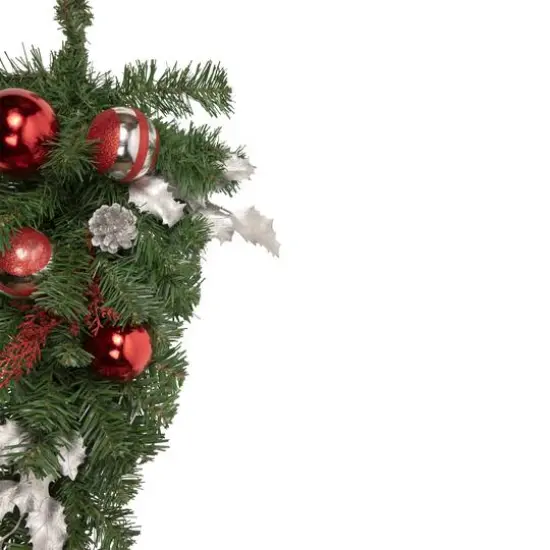 24" Unlit Red & Silver Holly Ball & Pine Cone Teardrop Swag {7}