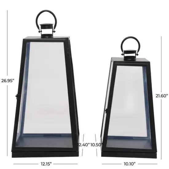 Tall Black Minimalist Metal Candle Lantern Set with Ring Handles {7}