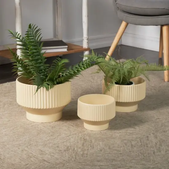 Linear Grooves Wide Ceramic Planter Set Cream {3}