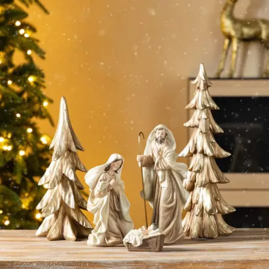 Glitzhome&reg; 5-Piece Gold Resin Holy Family with Christmas Trees Set {3}