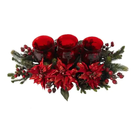 Poinsettia & Berry Triple Candelabrum Artificial Arrangement {3}