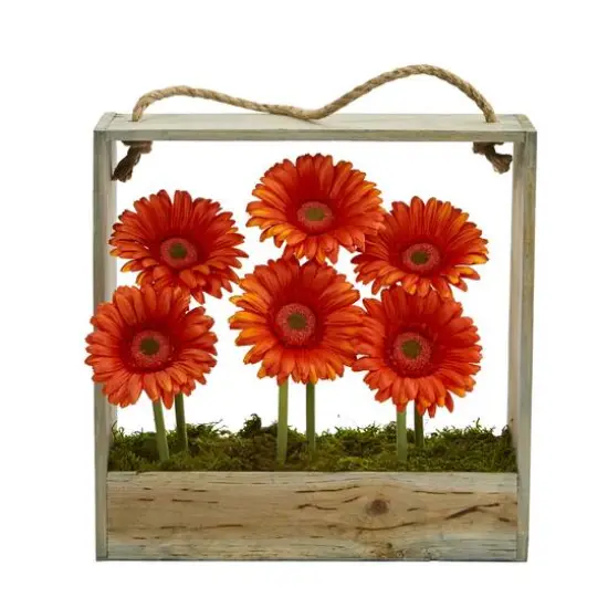 Gerbera Daisy Garden Artificial Arrangement in Hanging Wood Frame {3}