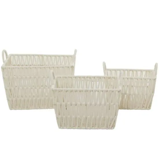 White Cotton Handmade Storage Basket with Handles Set of 3 12", 11", 10" {5}