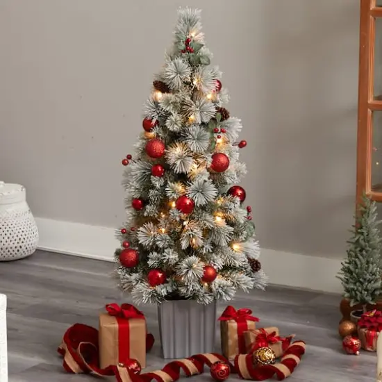 4ft. Pre-Lit Winter Flocked Artificial Christmas Tree in Decorative Planter, White LED Lights {3}