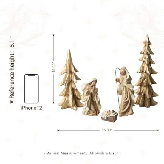 Glitzhome&reg; 5-Piece Gold Resin Holy Family with Christmas Trees Set {9}