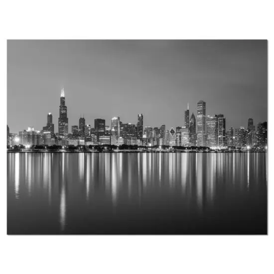 Designart - Chicago Skyline at Night Black and White - Cityscape Canvas Print {1}