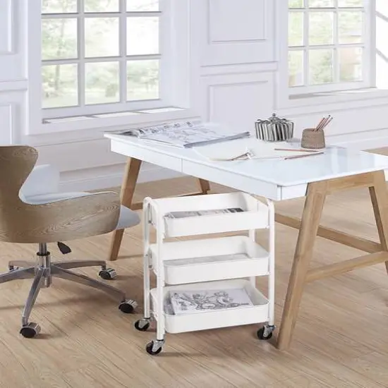 SunnyPoint Compact 3-Tier Metal Rolling Cart White {4}