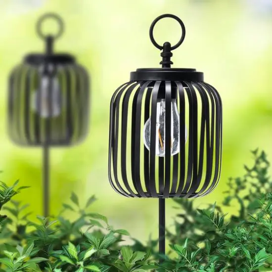 Glitzhome&reg; 33" Black Metal Stripes Solar Powered Outdoor Lantern {8}