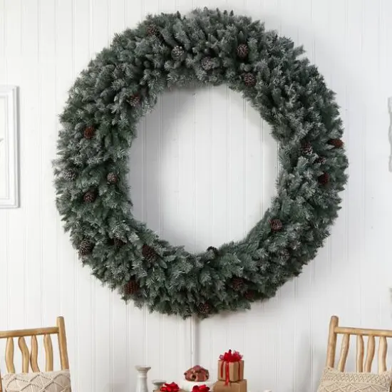 6ft. Clear LED Lights Flocked Christmas Artificial Wreath With Pinecones {6}