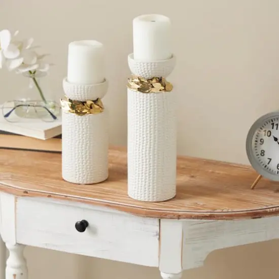 White Abstract Spotted Ceramic Pillar Candle Holder Set with Gold Leaf Accents {3}