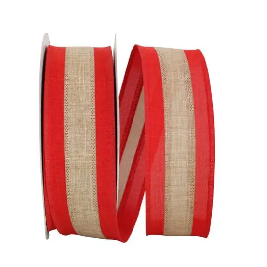 JAM Paper 2.5" x 50yd. Natural & Red Wired Stripe Linen Value Ribbon {1}