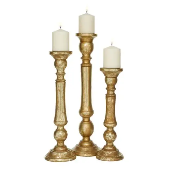 Gold Mango Wood Traditional Candle Holder Set {3}