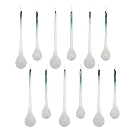 Green Iridescent Ribbed Glass Icicle Drop Ornaments Set {1}