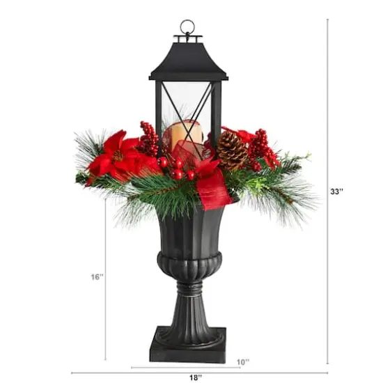 33" Christmas Berries & Poinsettia with Large Lantern & LED Candle in Decorative Urn {4}