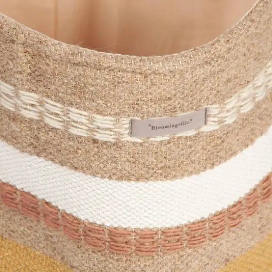 Hello Honey&reg; 16" White, Brown & Pink Striped Round Woven Fabric Basket {5}