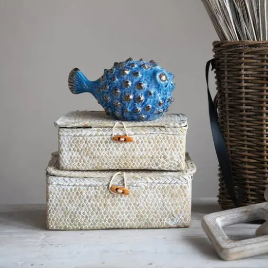 Hello Honey&reg; Whitewashed Hand-Woven Seagrass Boxes with Lids & Toggle Closure Set {3}