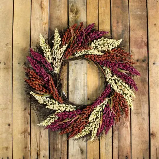 22" Pink & Orange Autumn Harvest Mixed Heather & Grapevine Wreath {4}